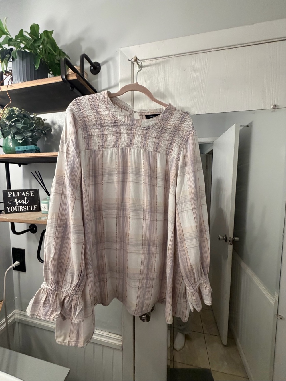Lane Bryant Pale Pink Plaid Smocked Yoke Peasant Blouse